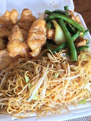 Fried fish fillet, green beans, chow mein