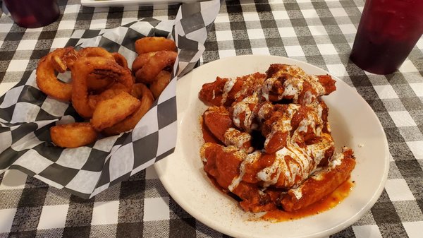 Hot Cajun Ranch wings, onion rings