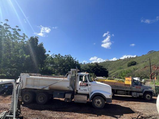 Tandem axle and single axle dump trucks for hauling in and out materials.