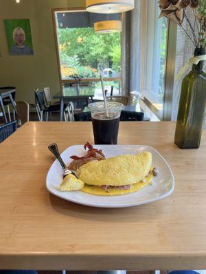 Omelette and cold brew coffee.