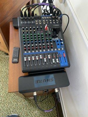 16 channel mixer, 4 wireless shire mics, 2 Bosch Electro Voice Bluetooth speakers, DVD player, and ultra short through projector.