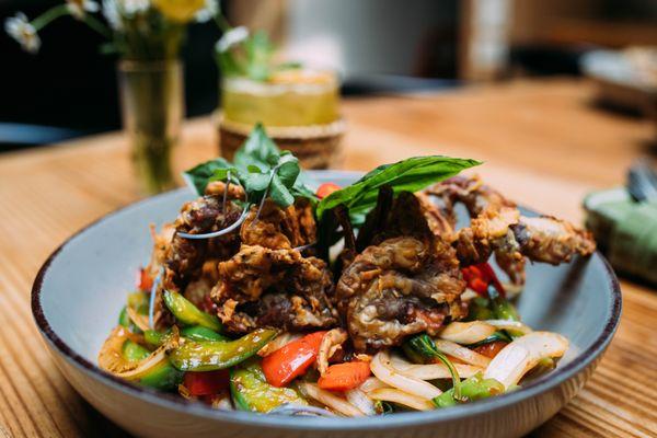 Soft shell crab with Basil sauce.