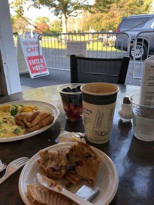 Omelette with avocado , cranberry muffin and caramel Lattè