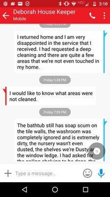 Texts about service being unsatisfactory, not responded to.