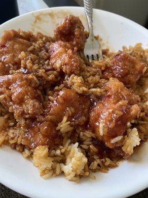 Orange chicken with fried rice.