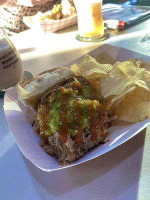 Pulled pork, chef style, on Hawaiian roll with chips