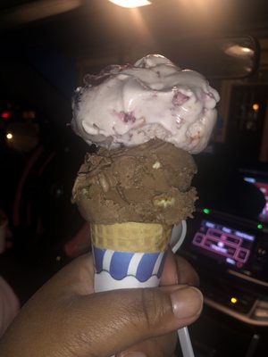 Two scoop sugar cone with chocolate butter pecan and black cherry. Yummm!!!