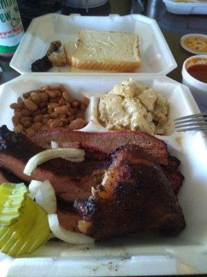 3 meat plate with Brisket, Chicken, and Ribs