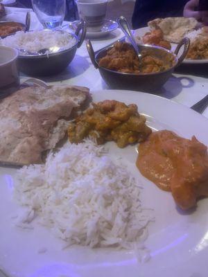 my plate of Navrattan Korma, Chicken Tikka Masala, Nan Bread, Plain Basmati Rice, Masala Tea, Raita