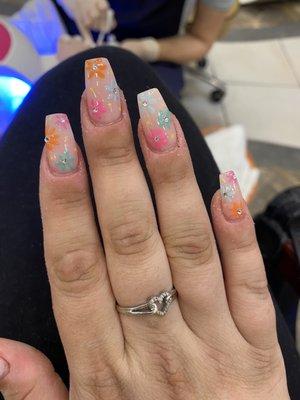 Gel builder nails with flowers and bling