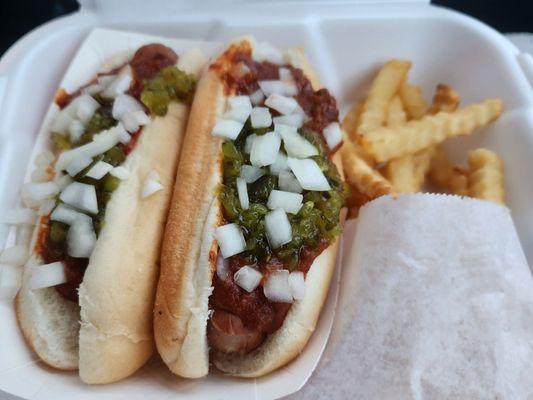 Two pups and small pop special with a side of fries. Delicious.