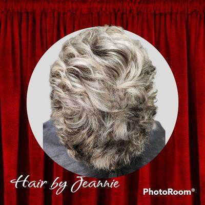 Full highlights and lowlights with silver/grey toner. Natural grey blending and enhancing.