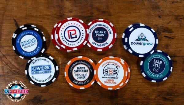 Our magnetic poker chips make effective promotional items because client's will not throw them away like regular business cards.