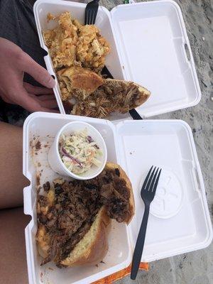 Brisket and chicken sandwich with Mac and cheese + coleslaw