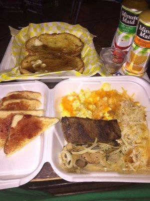 Dukes weekend breakfast steak with onions and mushrooms scrambled eggs with cheese Hashbrowns and French  toast