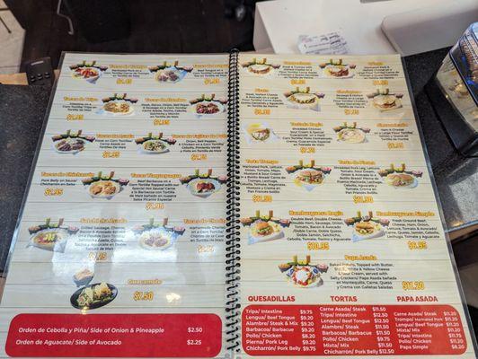 Menu with pictures of food items.