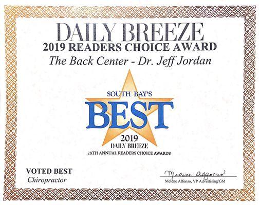 THANK YOU SOUTH BAY!!! Voted #1 Chiropractic Physician for the 2019 Daily Breeze 28th Annual Choice Awards.