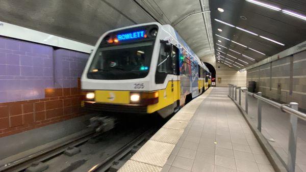 Blue line train, arriving at Cityplace/uptown station