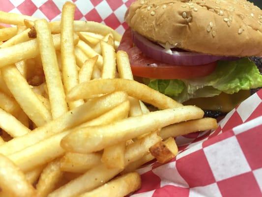 Cheese burger and shoestring fries.