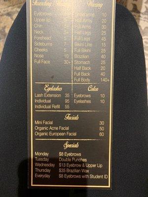 Service list with prices