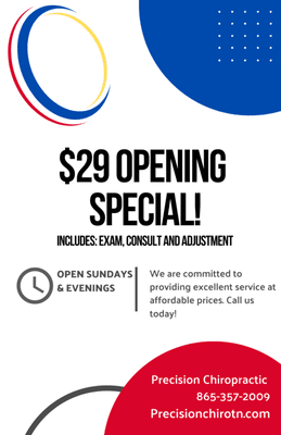 $29 opening specail! Open late and on Sundays!