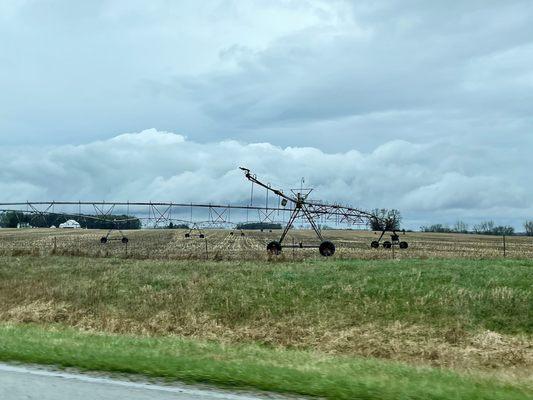 Driving to the in-laws through somewhere, Indiana. Center pivot irrigation in the background.