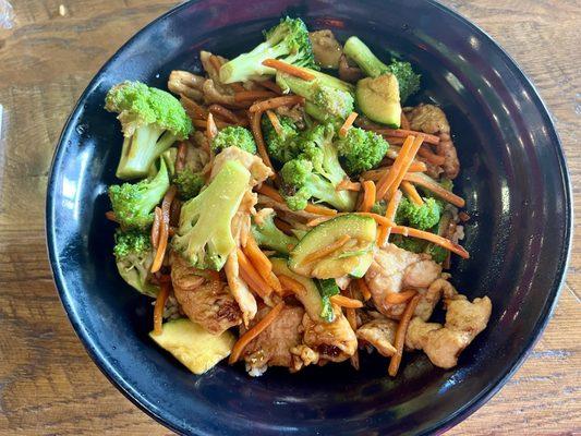 Chicken teriyaki with brown rice, carrots, broccoli and zucchini. Very filling and tasty.