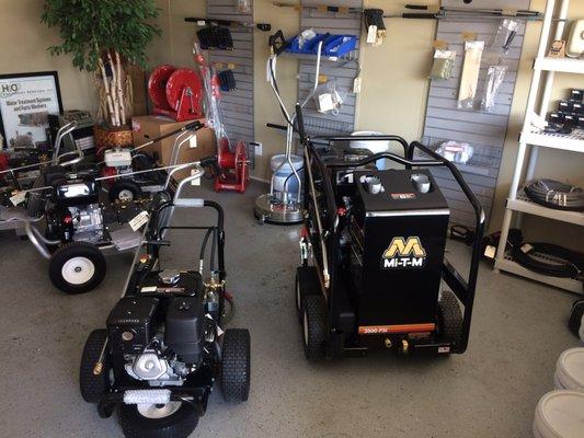 In office showroom, pressure washers, concrete cleaners, soaps and chemicals!