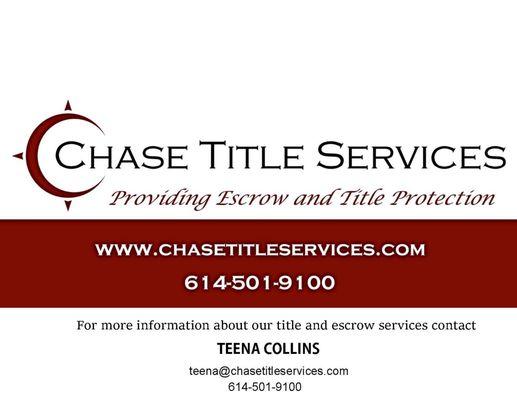 Chase Title Services provides escrow, settlements and title insurance on real estate transactions. We are NOT affiliated with Chase Bank.