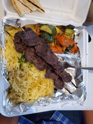 Beef kabob meal,  cooked medium