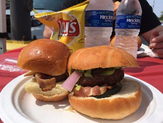 2 burgers (slider size), chips, and water. Left side: Police department. Right side: Firefighter.