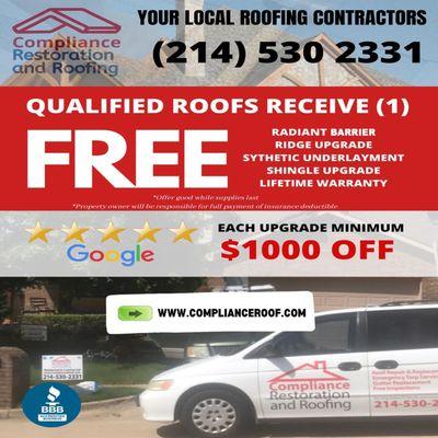 Call us today and get a FREE upgrade with your full roof replacement!