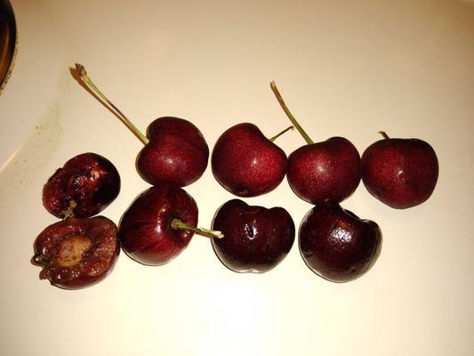 Top cherries bought frm Aldi's 8/4: sweet and juicy. Bottom row, Monnette's 8/3 inside flesh almost rotted but they are void of taste