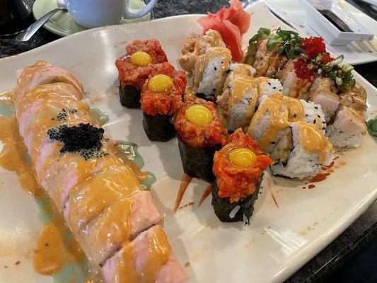 Three different rolls plus the quail egg sushi.