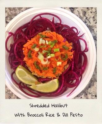 Shredded Halibut with Spiralized Beets, Broccoli Rice and Dill Pesto