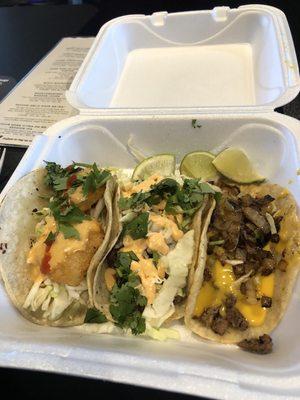 Bang bang shrimp, Chili lime steak and Philly Cheese Steak tacos. Amazing!