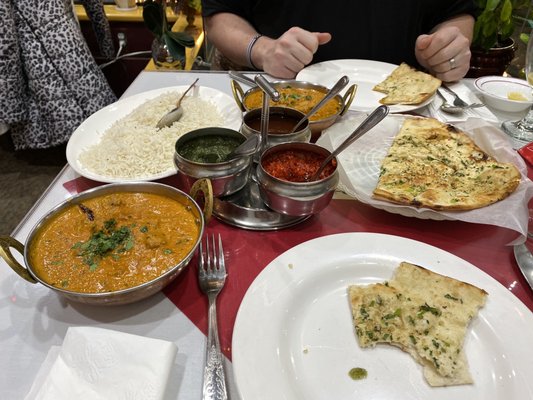 Garlic Naan & an order of Chicken Madras & Lamb Madras - spice level 8 - sooooo good!!!