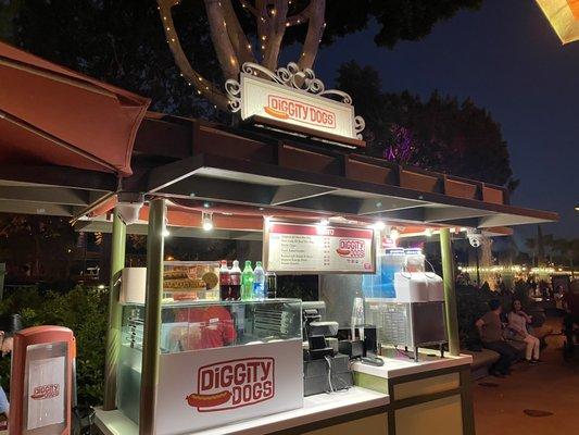 Diggity Dogs food cart outside Disneyland near the World of Disney store