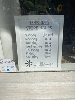 Temporary store hours as of September 2020