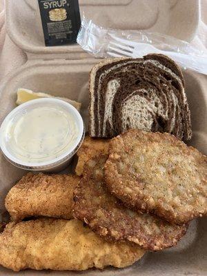 3-piece cod dinner with potato pancakes