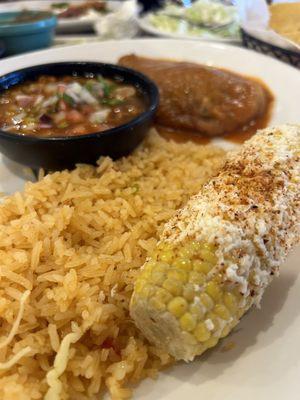 Street corn,  charro beans, Chile relleno and rice