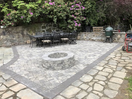 Patio done with pavers and fire pit for enjoyment!! Jobsite-Cheshire