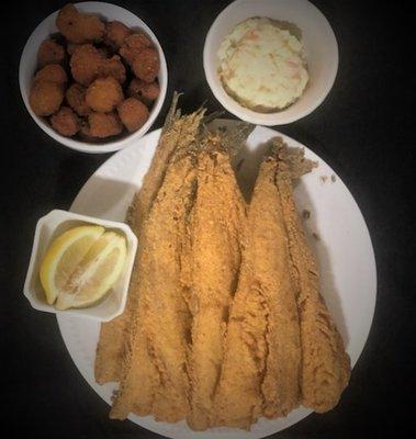 Three piece Pan-trout  served with a choice of two of our famous sides