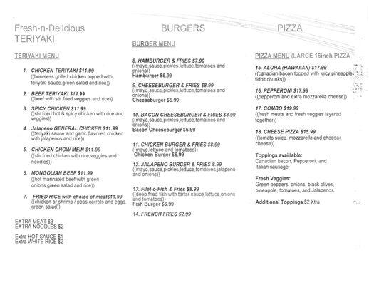 Back of Mattawa Shell's menu with regular menu.