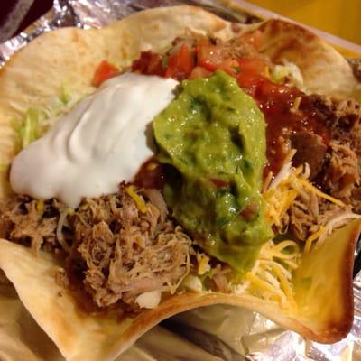 Taco Salad with black beans, Pork (doubled up), and all the stuffs.