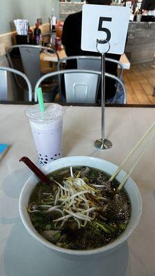 Eye round steak pho & Taro boba