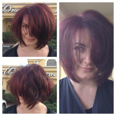 Highlights over dark brown hair, then covered over with beautiful, reflective Davines red color. Highlights peek through.