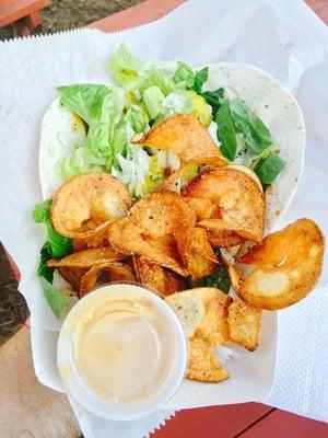 Thai Fish tacos, mango cilantro slaw with fresh cut chips