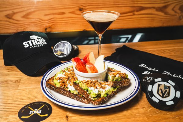 Avocado toast with an espresso martini.