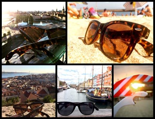 Bottle opener sunglasses; wearable bottle openers; sunglasses that shotgun beer cans.